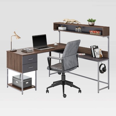 Walnut Wood L-Shaped Gaming Computer Desk with Hutch and Drawer