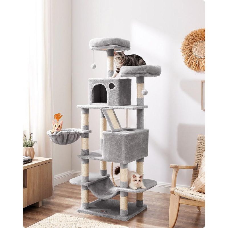 Feandrea Cat Tree, Large Cat Tower with 13 Scratching Posts, 2 Perches, 2 Caves, Basket, Hammock, Pompoms, Cat Condo, 3 of 11