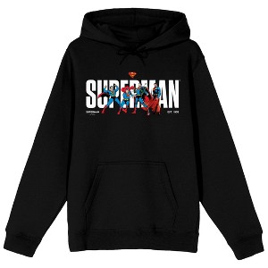Superman Kal-El Poses 90th Anniversary Retro Art Adult Black Long Sleeve Hooded Sweatshirt - 1 of 3