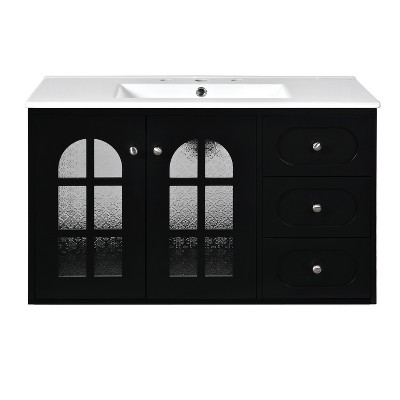 Vynxaria 36" Black Floating Bathroom Storage Cabinet with Ceramic Sink and Soft-Close Drawers