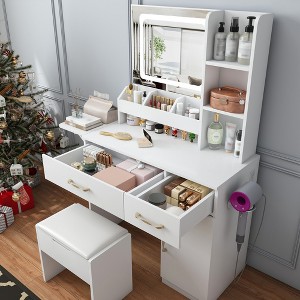 KTMBDW Vanity Desk with LED Mirror Lights and Charging Station, Makeup Dressing Table with 3 Drawers, 7 Shelves and Storage Stool for Bedroom - 1 of 4