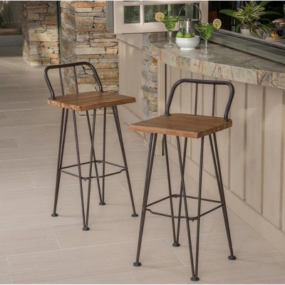 Coolbibila 30" Patio Height Bar Stools Set of 2,Outdoor Industrial Wood Bar Stool,Low Back Garden Barstools with Footrest and Acacia Slat Seat