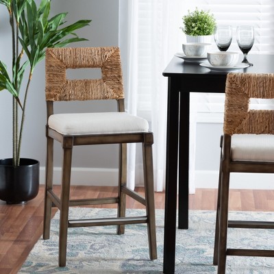 bali & pari Porsha Modern Bohemian Dark Brown Finished Mahogany Wood and Natural Rattan Counter Stool