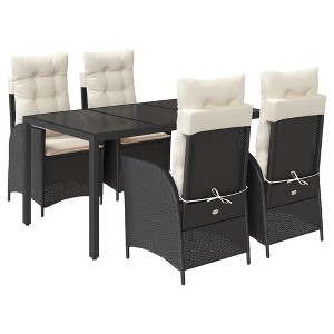 vidaXL 5 Piece Patio Dining Set - Black PE Rattan Outdoor Table and Reclining Chairs with Cushions for Garden/Patio/Backyard, Tempered Glass Top - 1 of 4