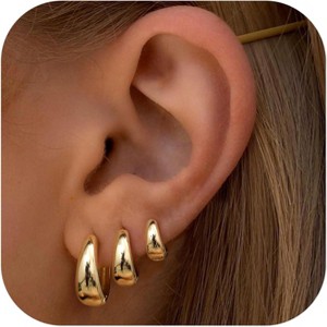3-Pair Gold Hoop Earrings Set - 14K Gold Filled, Hypoallergenic Huggie Hoops (Chunky & Lightweight) - 1 of 4