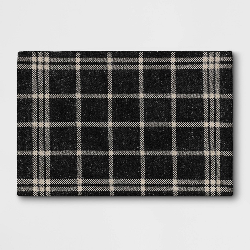 Photos - Area Rug 2'x3' Indoor/Outdoor Woven Tapestry Rug Black - Threshold™: Front Door Layering Mat, Check Pattern, Flat Pile