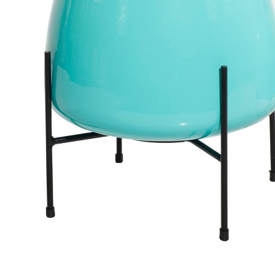 Teal Polished Metal Indoor/Outdoor Floor Planter Set with Black Stands