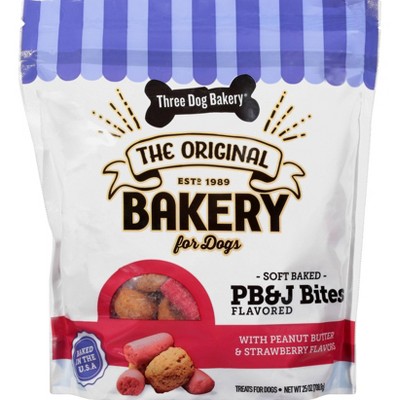 Three Dog Bakery PB&J Bites Chewy with Peanut Butter and Strawberry Dog Treats -25oz