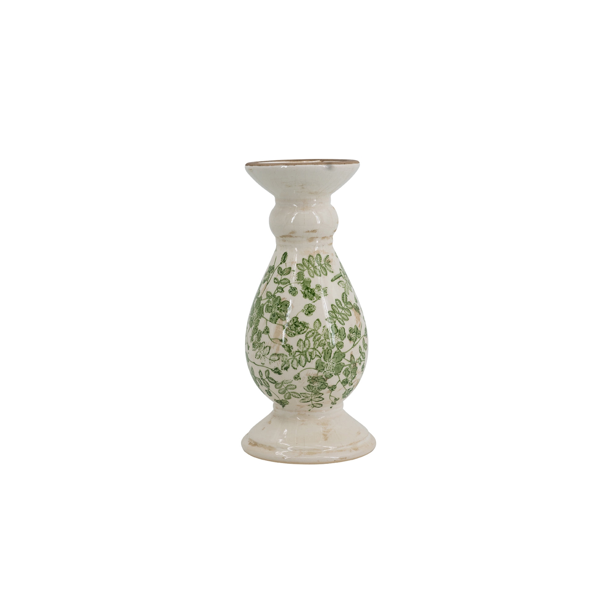 AEELLEEA D4.7x10" White Ceramic Candle Holder with Green Floral Patterns, Small On-Site