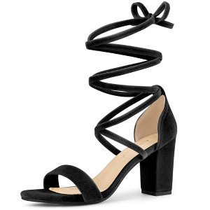 Allegra K Women's Faux Velvet Open Toe Strappy Lace-Up Chunky Heel Sandals - 1 of 4