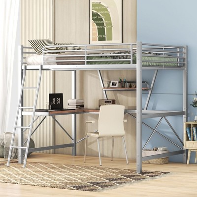 CAVINAS Full Size Loft Bed with Desk Modern Metal Bed Frame with Storage Shelf and Inclined Ladder for Bedroom, Silver