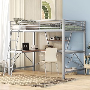 CAVINAS Full Size Loft Bed with Desk Modern Metal Bed Frame with Storage Shelf and Inclined Ladder for Bedroom, Silver - 1 of 4