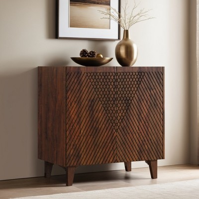 Wood Accent Cabinet with Storage, Rustic Mango Wood Storage Cabinet with Fluted Design and Adjustable Shelf - Leovsnove