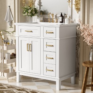 FAMYYT 30 in. Single Sink Freestanding White Bath Vanity with White Ceramic Top, Ample Storage Space - 1 of 4