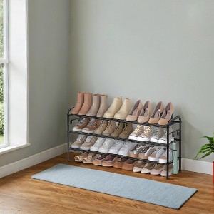 Shoe Rack, 3-Tier Shoe Organizer, Metal Shoe Shelf Storage with 4 Side Hooks,  Easy Assembly, 11"D x 44.9"W x 20.8"H - 1 of 4