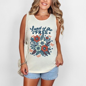 Simply Sage Market Distressed Land Of The Free Flowers Garment Dyed Tank - 1 of 3