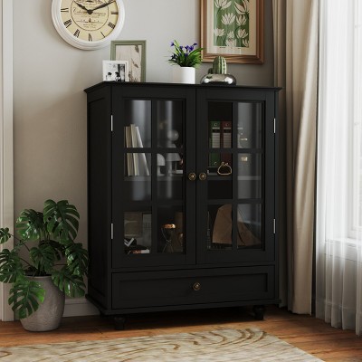 Modern Buffet Cabinet with Glass Doors & Adjustable Shelf,Small Wooden Sideboard with Drawer for Entryway or Living Room-Baofuwish