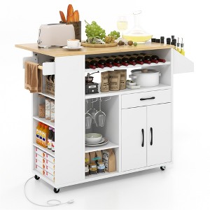 Tangkula Drop-Leaf Kitchen Island Cart w/ Power Outlet Wine Rack Glass Holder Drawer - 1 of 4