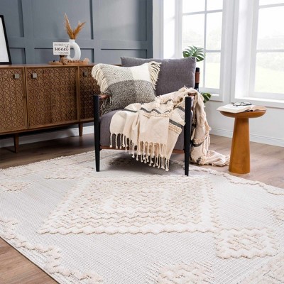 Cream Geometric High-Low Polyester Area Rug 5'3" x 7'