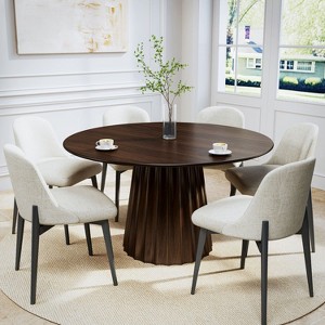 52 inch Round Natural Wood Color Dining Table with 6 White Dining chairs Suitable for Dining Room / Living Room - 1 of 4