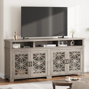 Farmhouse TV Stand for 80 inch, Grey Modern Entertainment Center with LED Lights and Pattern Glass Doors, Wooden Media Console Cabinet Table - 1 of 4