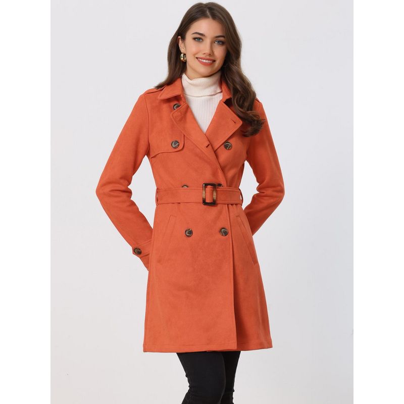 Allegra K Women's Notched Lapel Double Breasted Faux Suede Trench Coat with Belt, 4 of 7