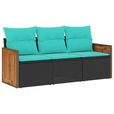 vidaXL Patio Sofa Set with Cushions - 3 Piece Outdoor Garden Furniture - Black PE Rattan & Acacia Wood Armrests - Modular & Weather-Resistant