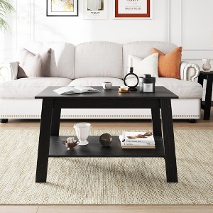 Coffee Table for Living Room, Farmhouse Coffee Table with 2 Storage Shelves, Wood Living Room Table - 1 of 4