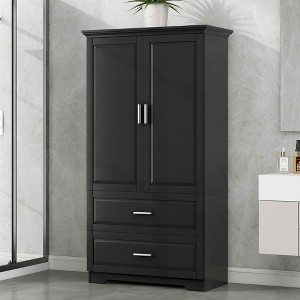 MAYEERTY Tall Bathroom Cabinet 2 Doors Drawers Adjustable Shelf MDF Black - 1 of 4
