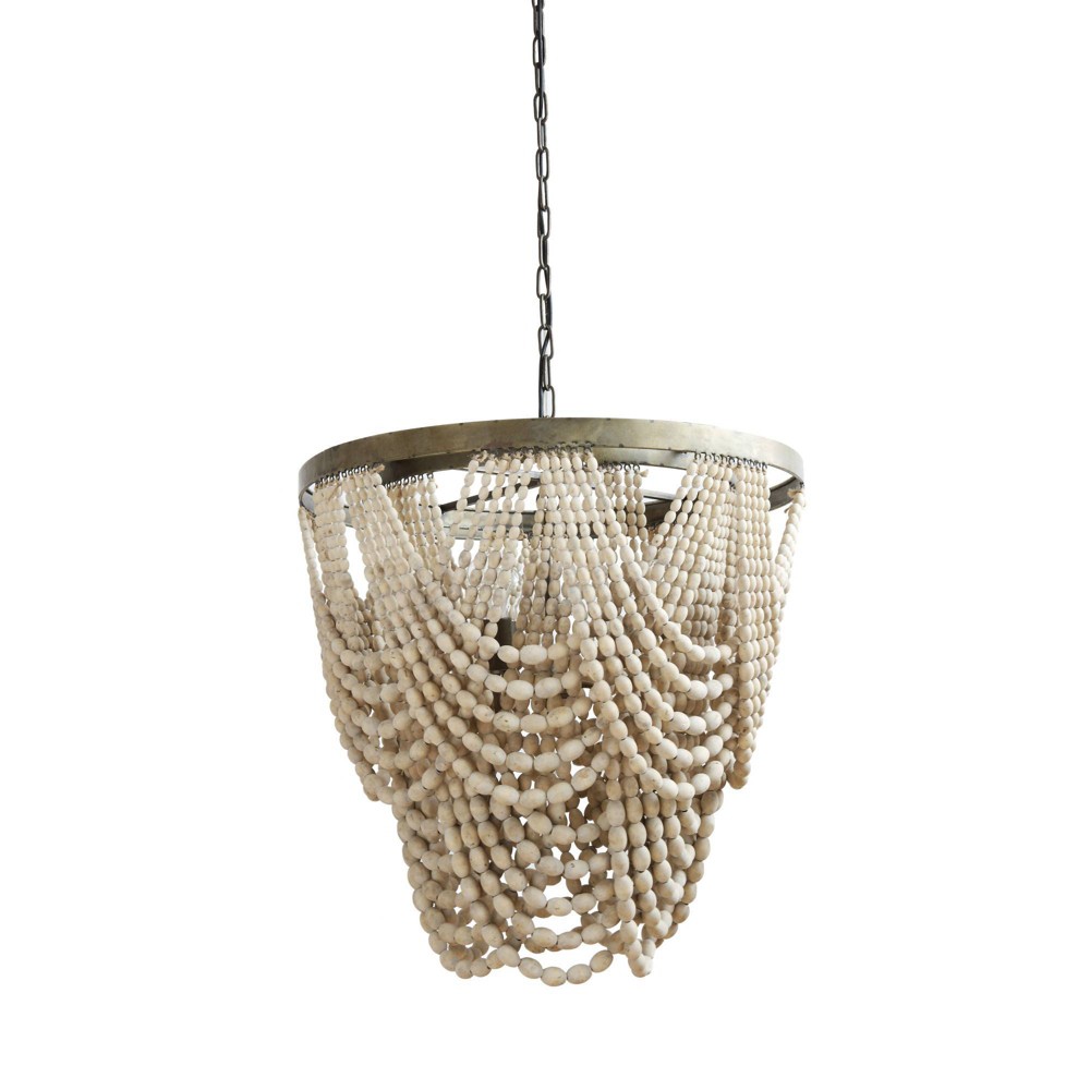 Storied Home Draped Wood Bead Chandelier White: Rustic 2-Tier, Metal Frame, UL Listed