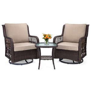 3-Piece Patio Wicker Swivel Rocking Chair Set - Iron and Plastic Frame, Durable Fabric Cushions, with Side Coffee Table, for Outside Porch Deck - 1 of 4