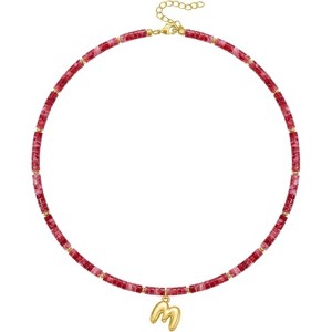 Summit Adventure 14K Gold Beaded Initial Necklace – Boho Bubble Letter Pendant, Colorful Stone Choker Gift - 1 of 4
