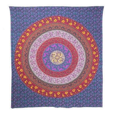HomeRoots 92" X 84" Blue Red And Yellow Mandala Cotton Hanging Tapestry