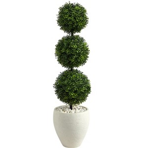 Nearly Natural 3.5-ft Boxwood Triple Ball Topiary Artificial Tree in White Planter (Indoor/Outdoor) - 1 of 4