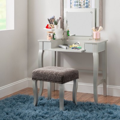 Harper Glam Silver Vanity Set with Flip-up Mirror and Gray Velvet Stool