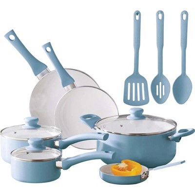 LunaLulink 12pc Ceramic Cookware Set; Blue Linen