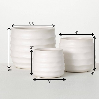 Matte Ivory Ribbed Ceramic Round Pots Set of 3
