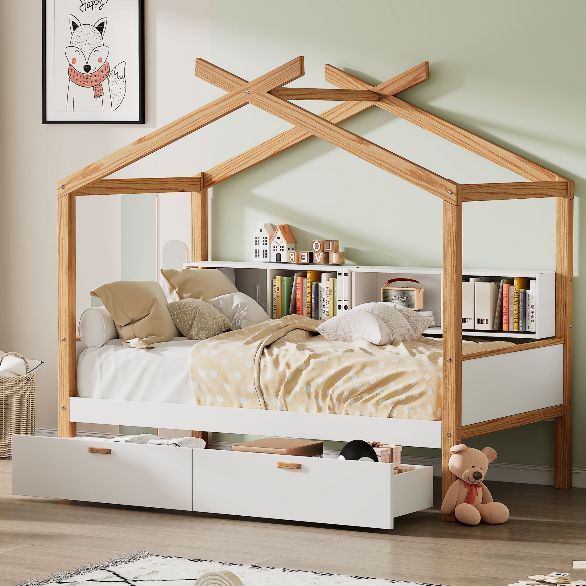 Twin Size House Bed Platform Bed Kids Bed with 2 Drawers and Bookshelf, Natural+White-ModernLuxe