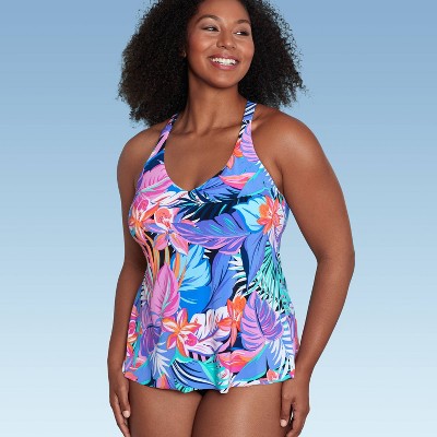 Women's Upf 50 Mesh Overlay Tankini Top - Aqua Green® Black 3x