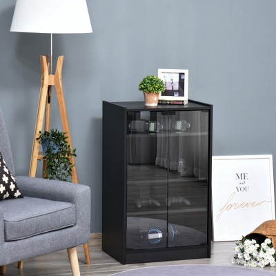 5-Tier Media Stand Cabinet with Tempered Glass Doors, Adjustable Shelves & Cable Management  Distressed Black TV Storage Unit
