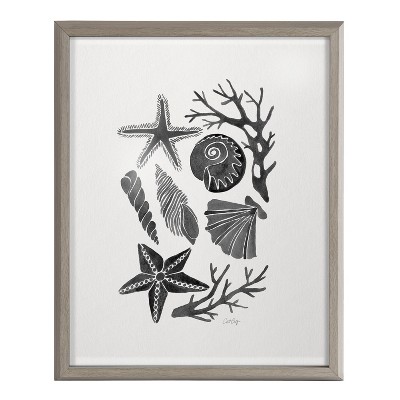 Gray Framed Black Seashells Printed Glass Coastal Wall Art, 16x20