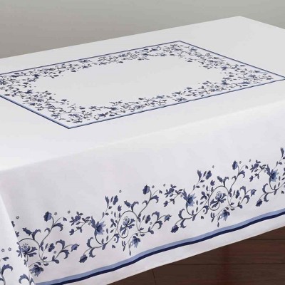 Blue and White Floral Cotton Polyester Tablecloth