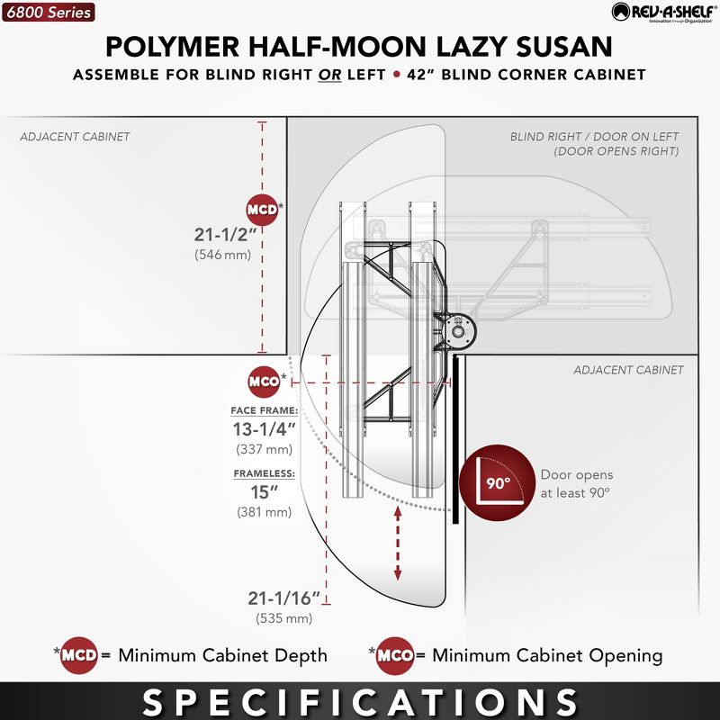 Rev-A-Shelf Polymer Half Moon 2-Tier Lazy Susan Blind Corner Kitchen Cabinet Storage Organizer w/ Pivot & Slide Hardware, 5 of 8