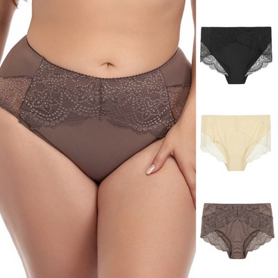 Agnes Orinda Women's 3-Pack Lace Trim High Rise Solid Brief Stretchy  Underwear Black, Brown, Beige 1X