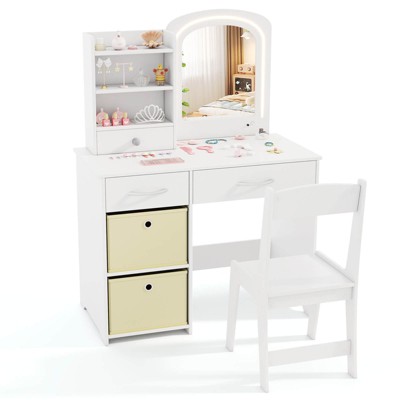 Safstar Kids Vanity Set Princess Makeup Desk and Chair w/ Mirror and Lights Open Shelves