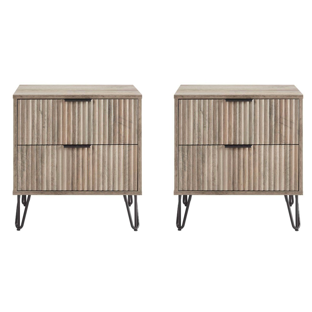 Manhattan Comfort Set of 2 Dumbo 2 Drawer Nightstands Rustic Gray: Modern Style, MDF Frame, Metal Glides
