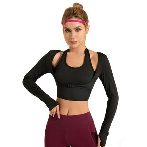 Women's Fake Two-Piece Long Sleeve Cropped Sports Top Gym Yoga Activewear with Hollow-Out Design - 1 of 4