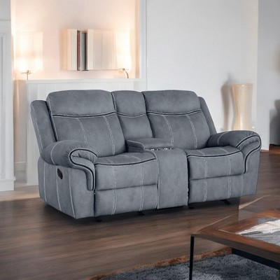 Vynxaria 2-Tone Gray Velvet Motion Loveseat with Glider and Recline, Pocket Coil Cushions, Central Console (Cup Holders/USB/Storage)