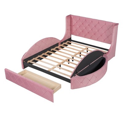 NicBex Queen Size Velvet Platform Bed with Wingback Headboard,1 Drawer and 2 Side Storage Stool for Adults