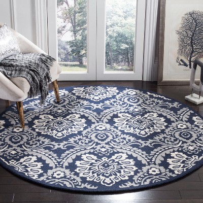 Hand-Tufted Navy/Ivory Floral Wool Round Rug, 6' Diameter